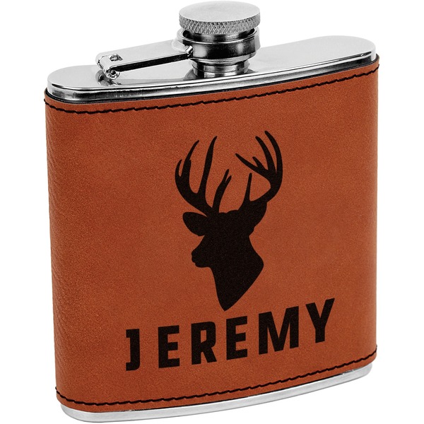 Custom Hunting Camo Leatherette Wrapped Stainless Steel Flask (Personalized)