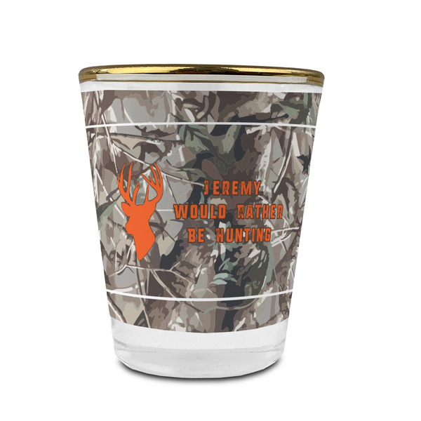 Custom Hunting Camo Glass Shot Glass - 1.5 oz - with Gold Rim - Set of 4 (Personalized)