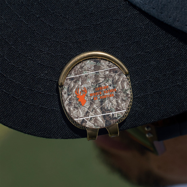 Hunting Camo Golf Ball Marker Hat Clip - Gold - On Hat