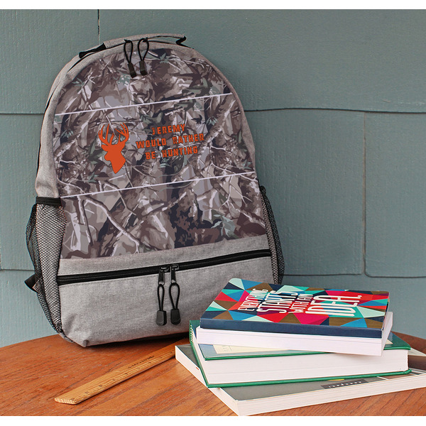 Hunting Camo Large Backpack - Gray - On Desk