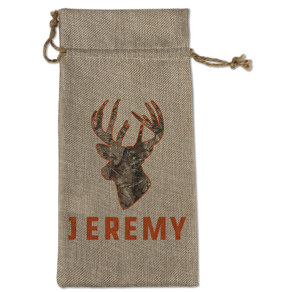 Custom Hunting Camo Large Burlap Gift Bag - Front (Personalized)