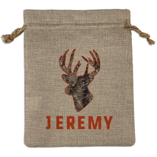 Custom Hunting Camo Medium Burlap Gift Bag - Front (Personalized)