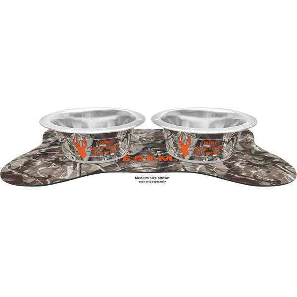 Hunting Camo Metal Pet Bowls - On Dog Bone Shaped Mat