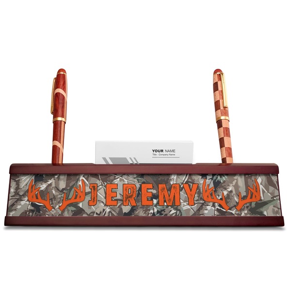 Hunting Camo Red Mahogany Nameplates with Business Card Holder - Straight