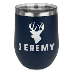 Hunting Camo Stemless Stainless Steel Wine Tumbler - Navy - Single Sided (Personalized)