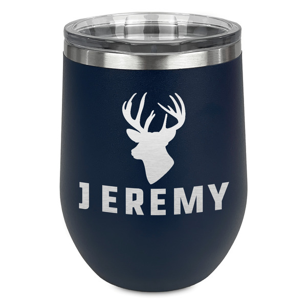 Custom Hunting Camo Stemless Stainless Steel Wine Tumbler - Navy - Single Sided (Personalized)
