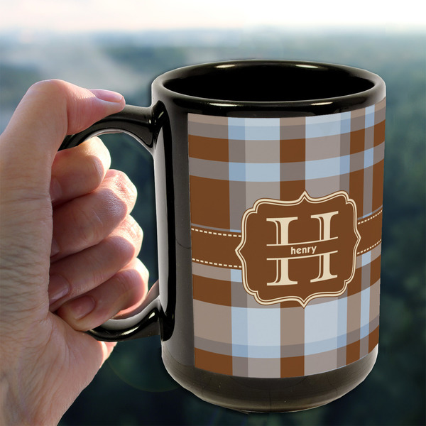 Two Color Plaid 15oz. Black Mug - LIFESTYLE