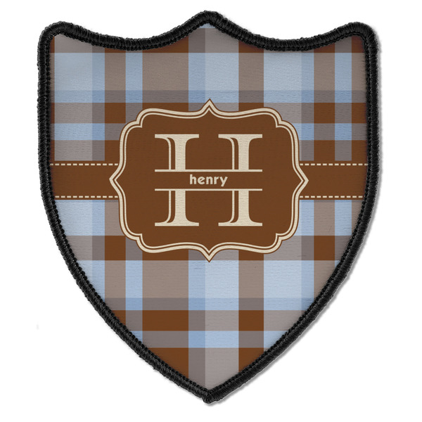 Custom Two Color Plaid Iron On Shield Patch B w/ Name and Initial