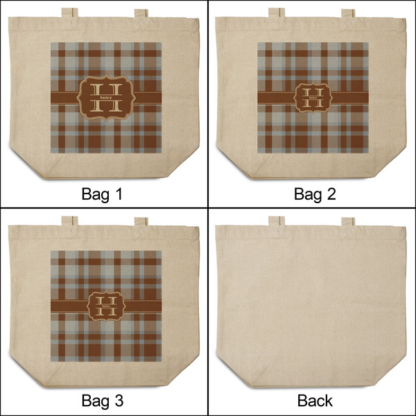 Two Color Plaid 3 Reusable Cotton Grocery Bags - Front & Back View