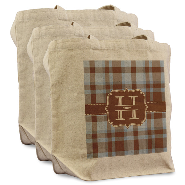Two Color Plaid 3 Reusable Cotton Grocery Bags - Front View