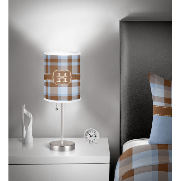 Two Color Plaid 7 inch drum lamp shade - in room