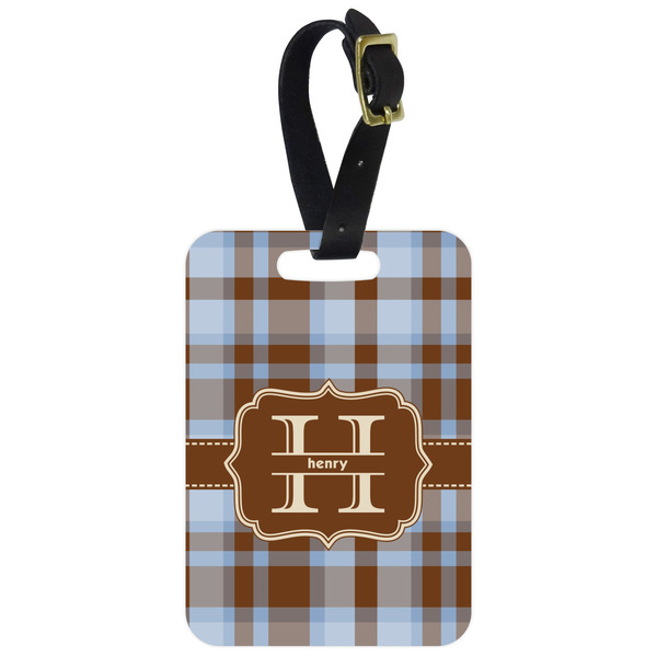 Custom Two Color Plaid Metal Luggage Tag w/ Name and Initial