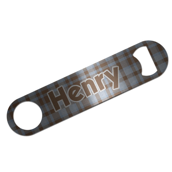 Custom Two Color Plaid Bar Bottle Opener - Silver w/ Name and Initial