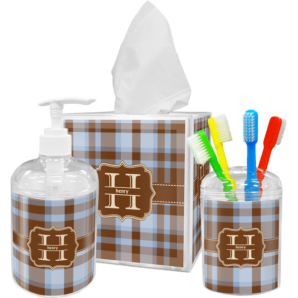 Custom Two Color Plaid Acrylic Bathroom Accessories Set w/ Name and Initial