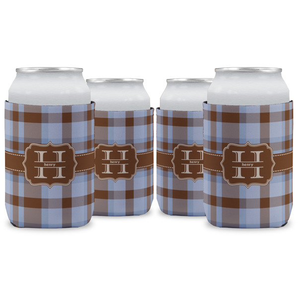 Custom Two Color Plaid Can Cooler (12 oz) - Set of 4 w/ Name and Initial