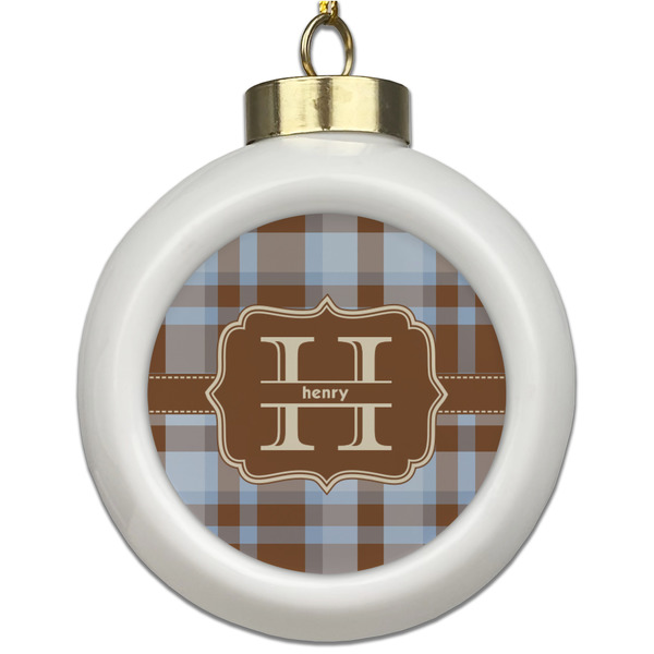 Custom Two Color Plaid Ceramic Ball Ornament (Personalized)