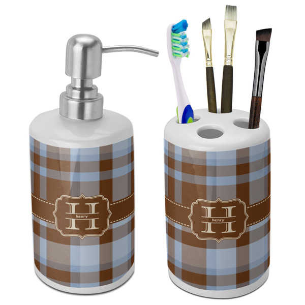 Custom Two Color Plaid Ceramic Bathroom Accessories Set (Personalized)