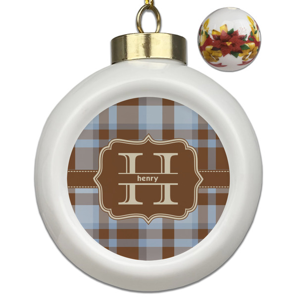 Custom Two Color Plaid Ceramic Ball Ornaments - Poinsettia Garland (Personalized)