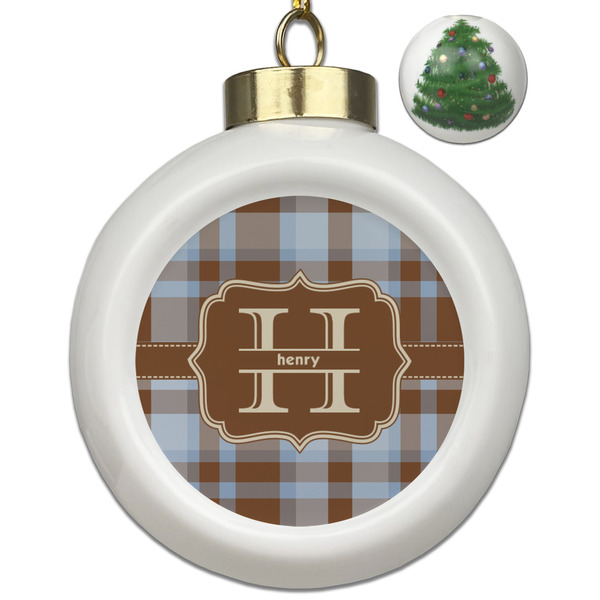 Custom Two Color Plaid Ceramic Ball Ornament - Christmas Tree (Personalized)