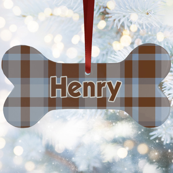 Custom Two Color Plaid Ceramic Dog Ornament w/ Name and Initial