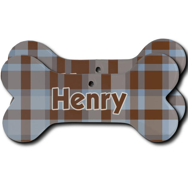 Custom Two Color Plaid Ceramic Dog Ornament - Front & Back w/ Name and Initial