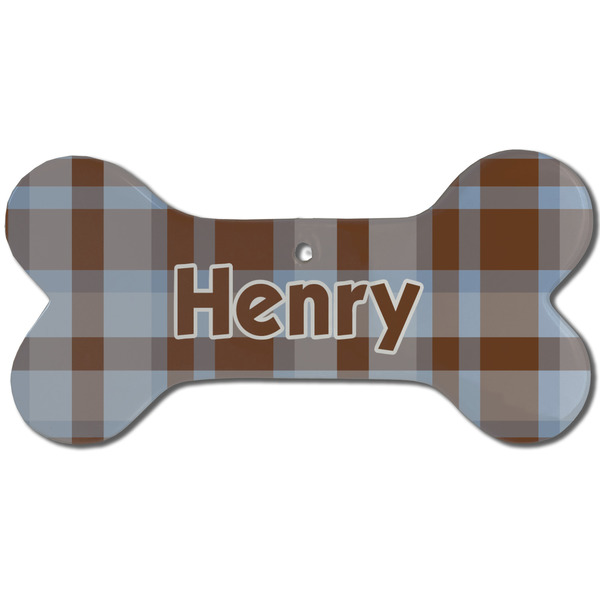 Custom Two Color Plaid Ceramic Dog Ornament - Front w/ Name and Initial
