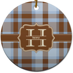 Two Color Plaid Round Ceramic Ornament w/ Name and Initial