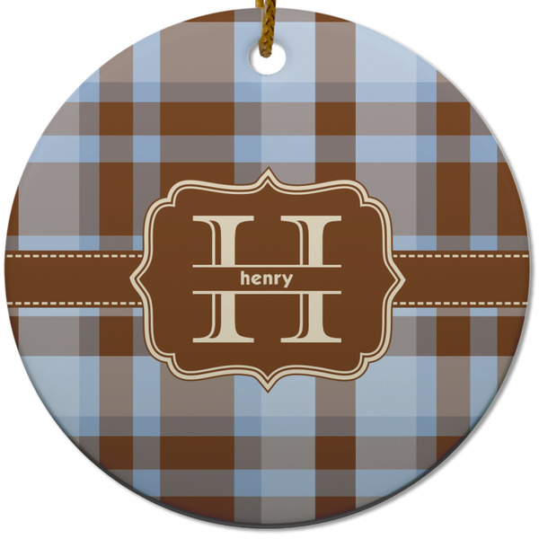 Custom Two Color Plaid Round Ceramic Ornament w/ Name and Initial