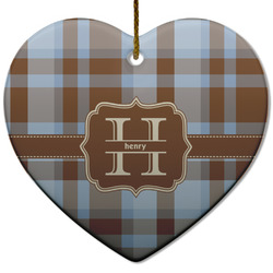 Two Color Plaid Heart Ceramic Ornament w/ Name and Initial