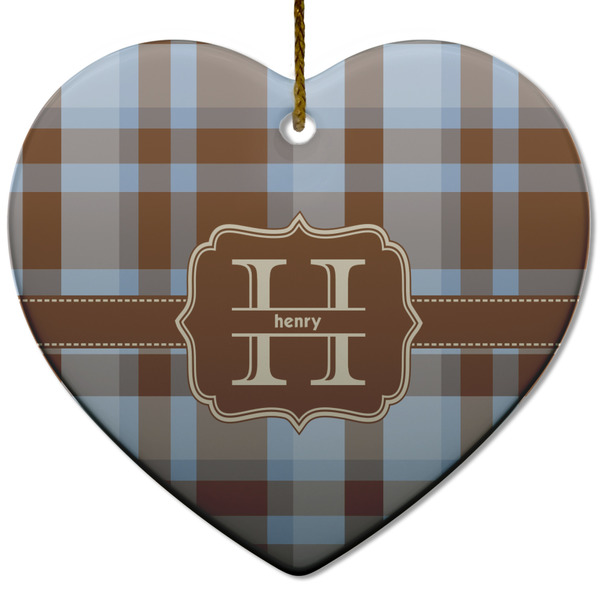 Custom Two Color Plaid Heart Ceramic Ornament w/ Name and Initial