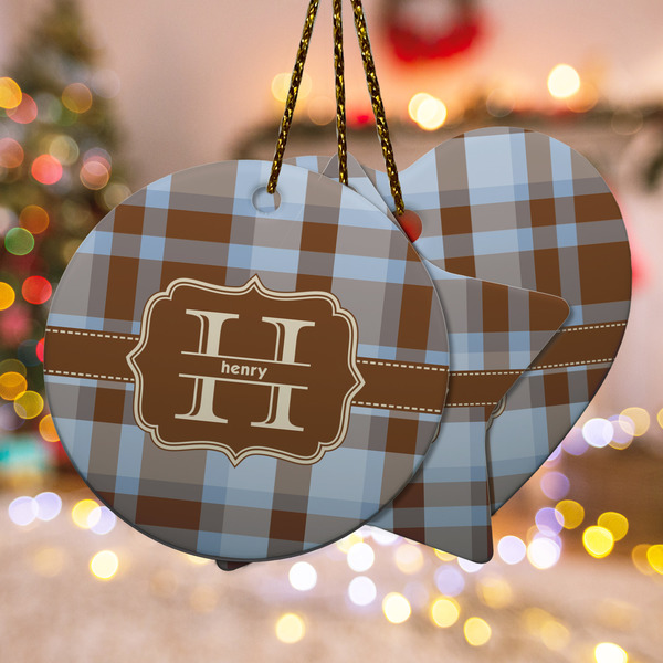 Custom Two Color Plaid Ceramic Ornament w/ Name and Initial