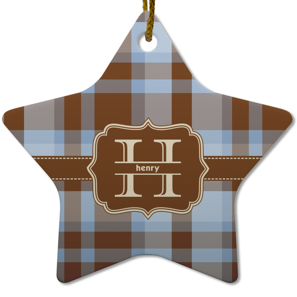 Custom Two Color Plaid Star Ceramic Ornament w/ Name and Initial