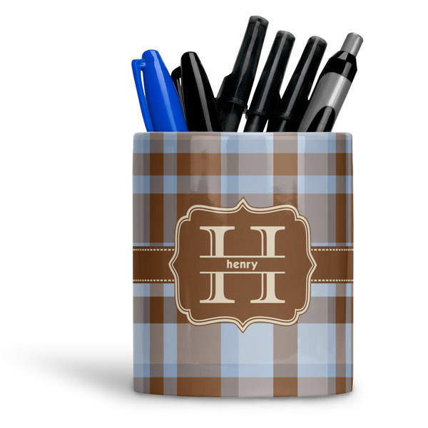 Custom Two Color Plaid Ceramic Pen Holder