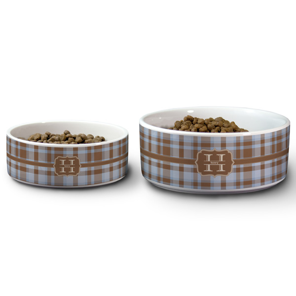 Two Color Plaid Ceramic Dog Bowls - Size Comparison