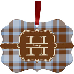 Two Color Plaid Metal Frame Ornament - Double Sided w/ Name and Initial