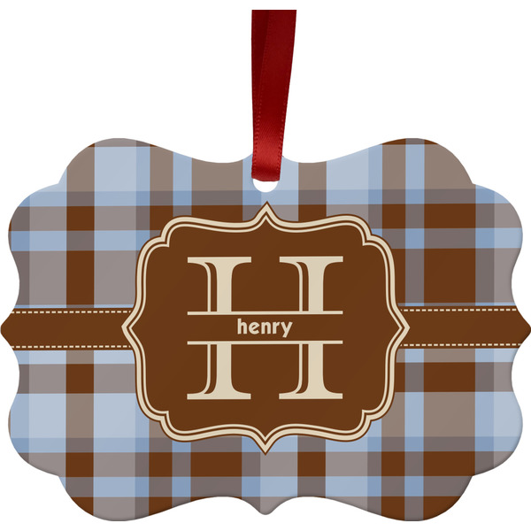 Custom Two Color Plaid Metal Frame Ornament - Double Sided w/ Name and Initial