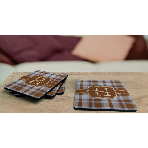 Two Color Plaid Coaster Rubber Back - On Coffee Table