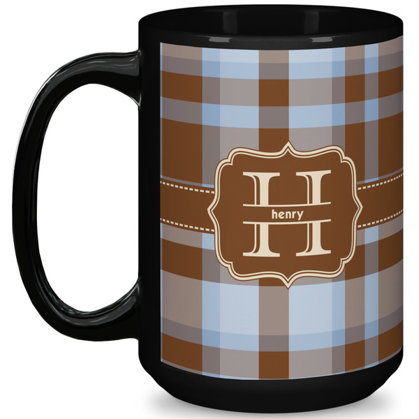 Custom Two Color Plaid 15 Oz Coffee Mug - Black (Personalized)