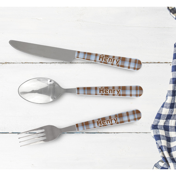 Two Color Plaid Cutlery Set - w/ PLATE