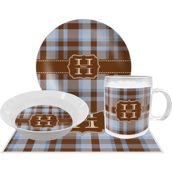 Custom Two Color Plaid Dinner Set - Single 4 Pc Setting w/ Name and Initial