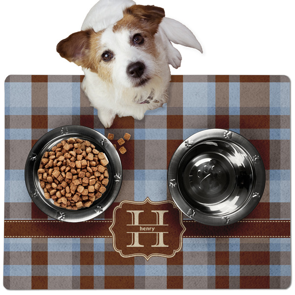 Custom Two Color Plaid Dog Food Mat - Medium w/ Name and Initial