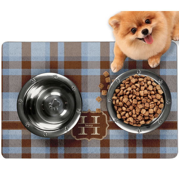 Custom Two Color Plaid Dog Food Mat - Small w/ Name and Initial