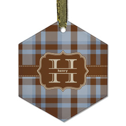 Two Color Plaid Flat Glass Ornament - Hexagon w/ Name and Initial