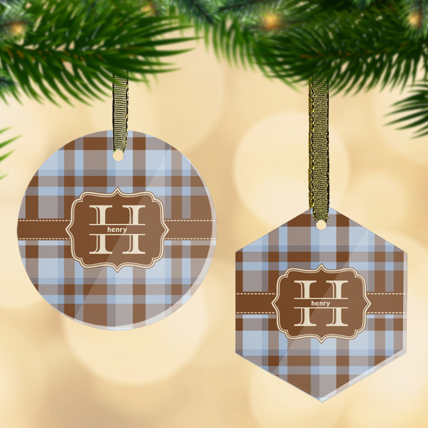 Custom Two Color Plaid Flat Glass Ornament w/ Name and Initial