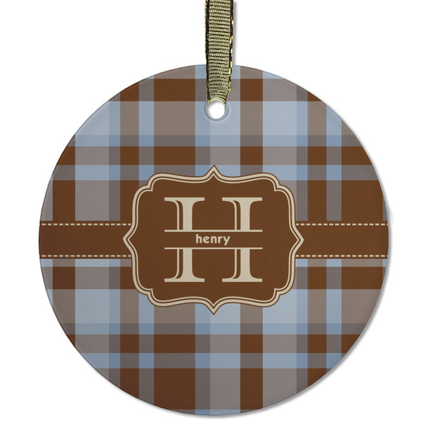 Custom Two Color Plaid Flat Glass Ornament - Round w/ Name and Initial