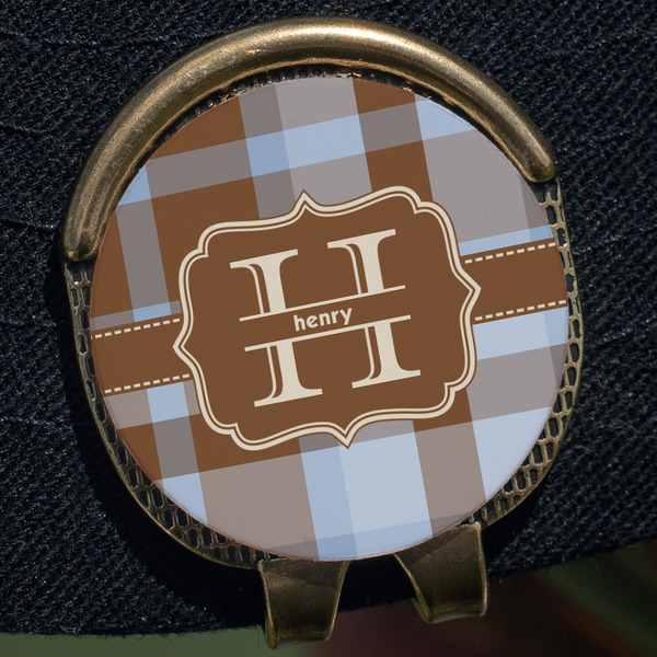 Two Color Plaid Golf Ball Marker Hat Clip - Gold - Close Up