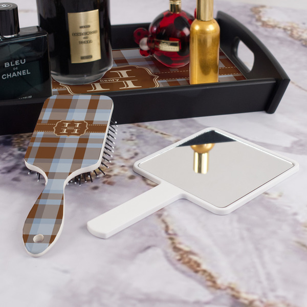 Two Color Plaid Hair Brush - With Hand Mirror