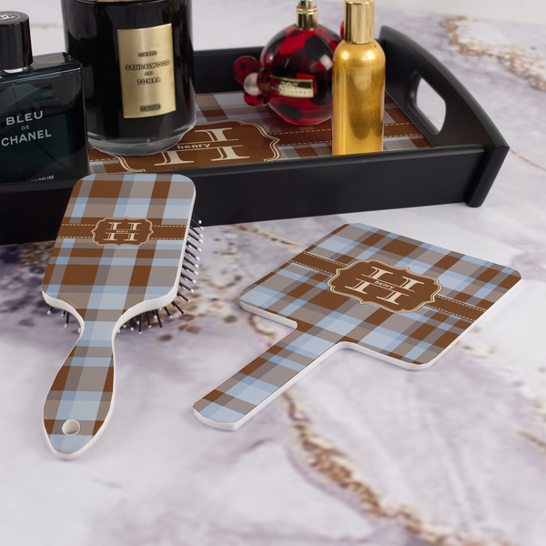 Two Color Plaid Hair Brush and Hand Mirror - Bathroom Scene
