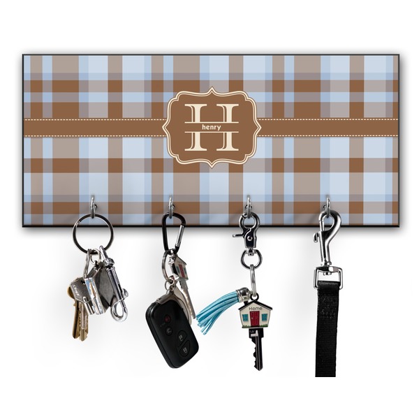 Custom Two Color Plaid Key Hanger w/ 4 Hooks w/ Name and Initial