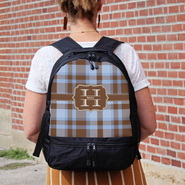 Two Color Plaid Large Backpack - Black - On Back